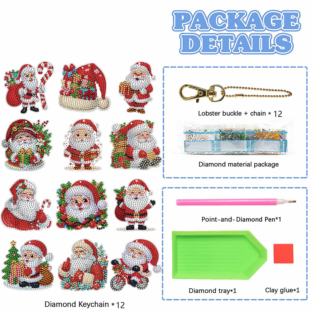 Resin Art A Keychain - 12Pcs Christmas Diamond Art Keychain Ornaments