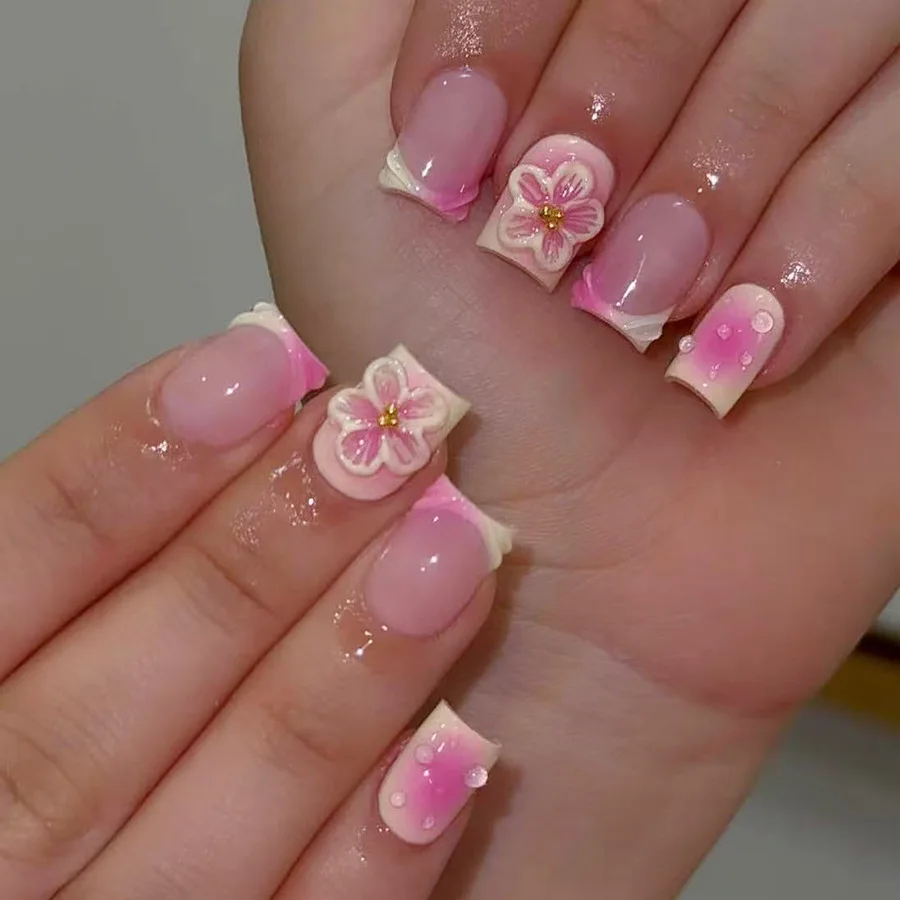 Resin Art Design - 24pcs Pink Short Square False Nails