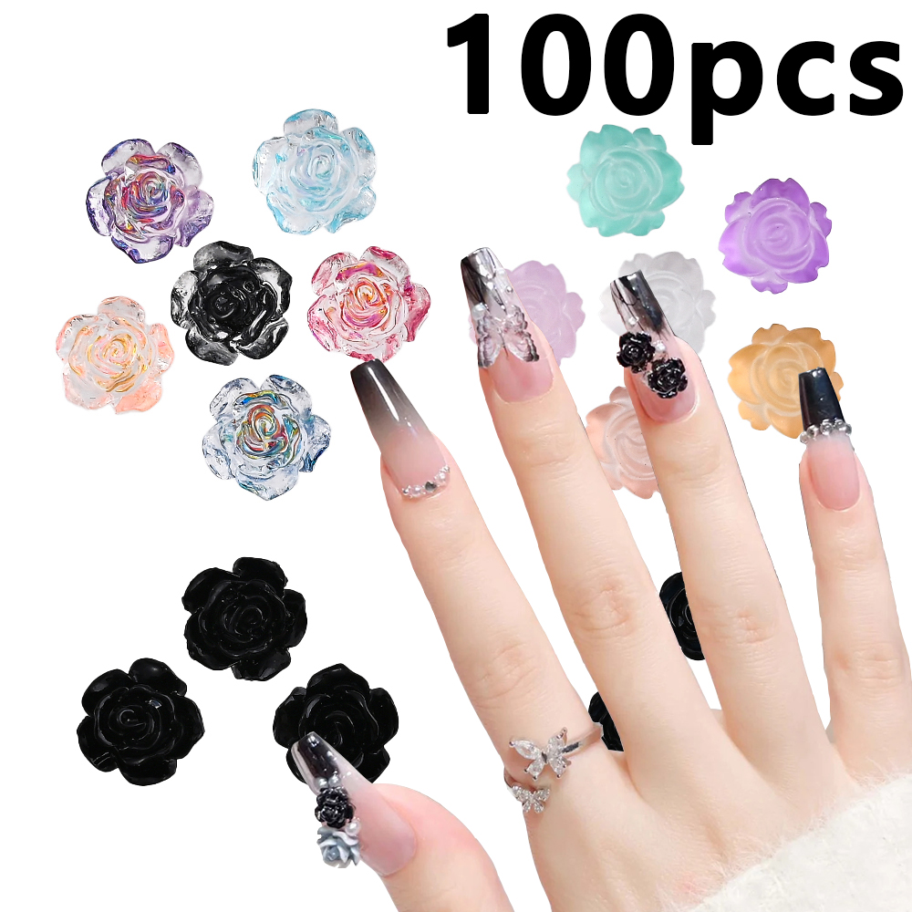 Resin Art Rose Petals - 100Pcs 8mm Resin Black Camellia Flatback